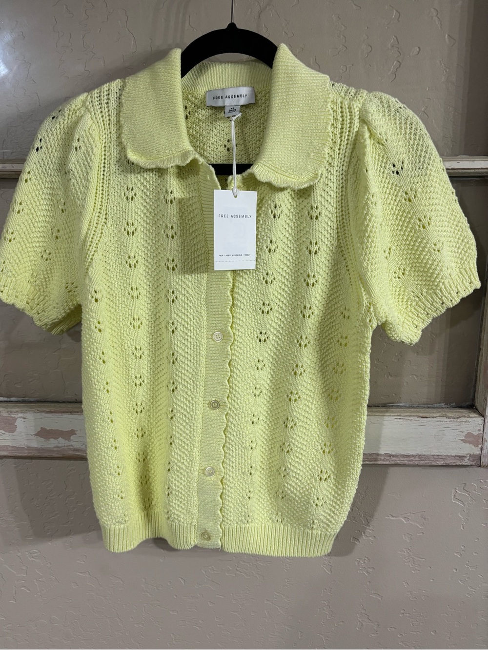Bright neon Light Yellow Open-Knit Short Sleeve Sweater